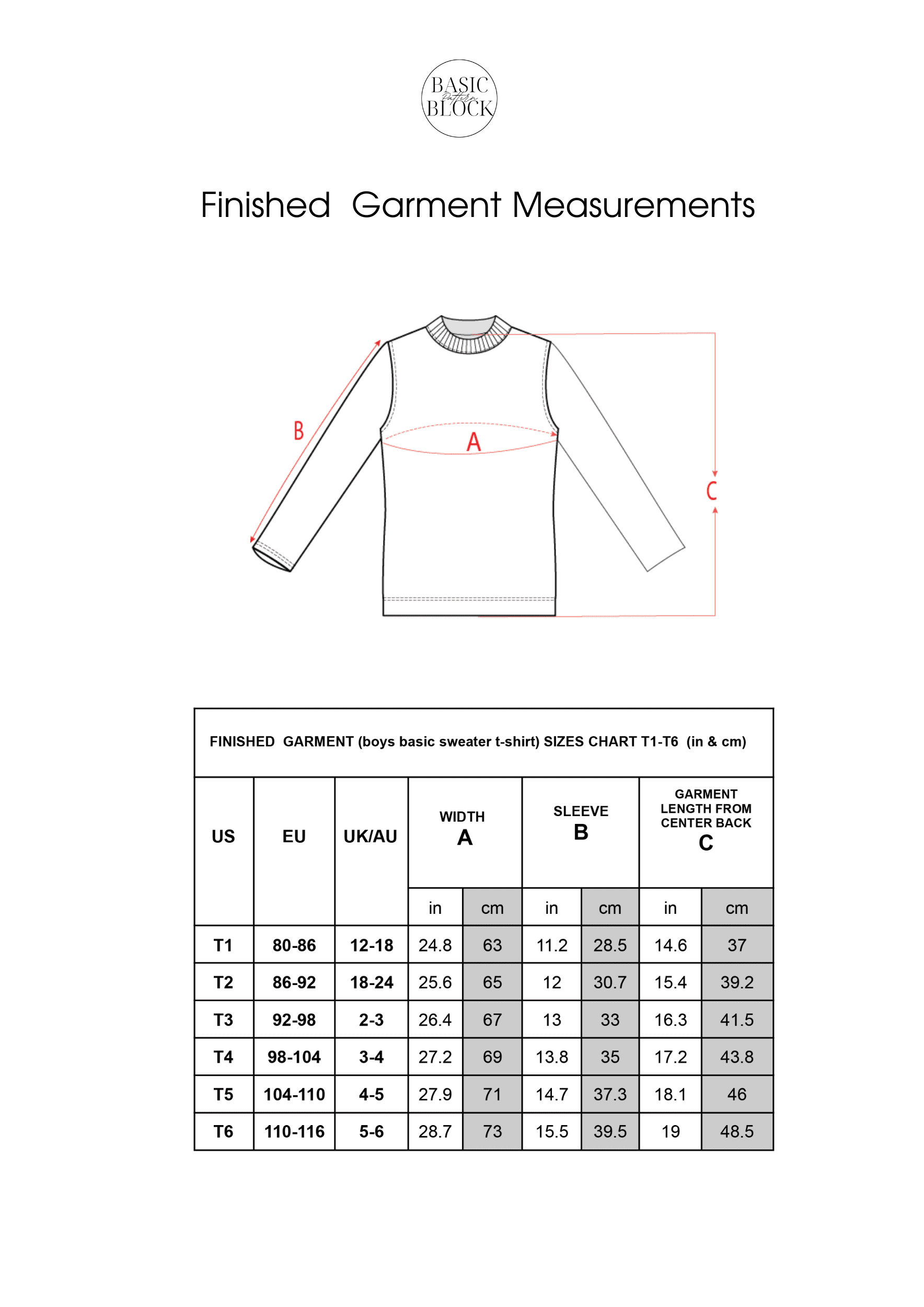 PDF Kid's Sweater Sewing Pattern Block | Easy Kid's Sewing Pattern | Children Pdf T-shirt Pattern | Boys Sewing Pattern | Sizes 6-16 - Basic Pattern Block