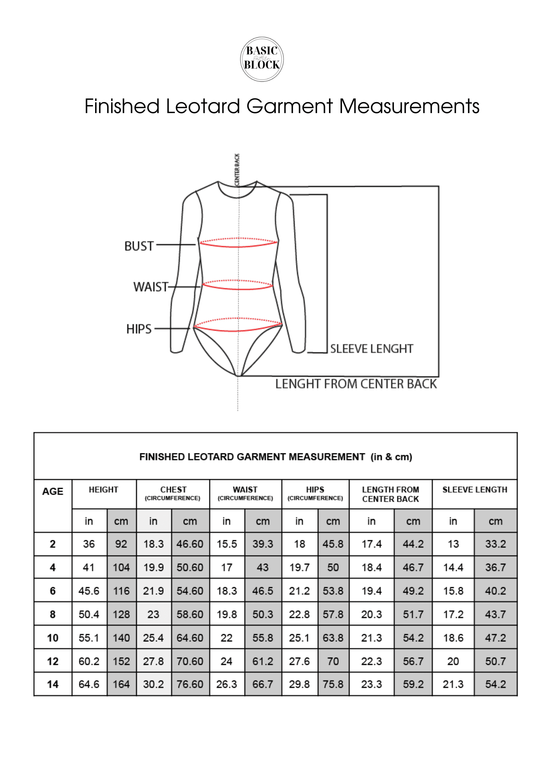 Children Bodysuit & Leotard | Long Sleeve & Short Sleeve | Sewing Pattern Blocks | Knitted |2-14 - Basic Pattern Block