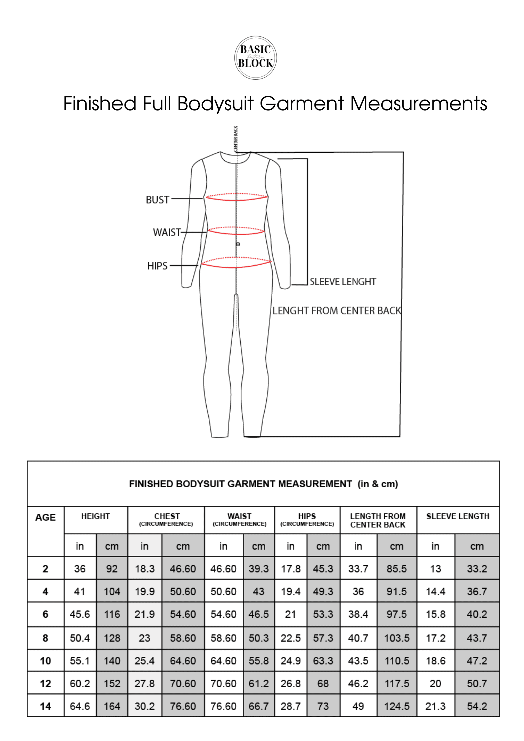 Children Bodysuit & Leotard | Long Sleeve & Short Sleeve | Sewing Pattern Blocks | Knitted |2-14 - Basic Pattern Block