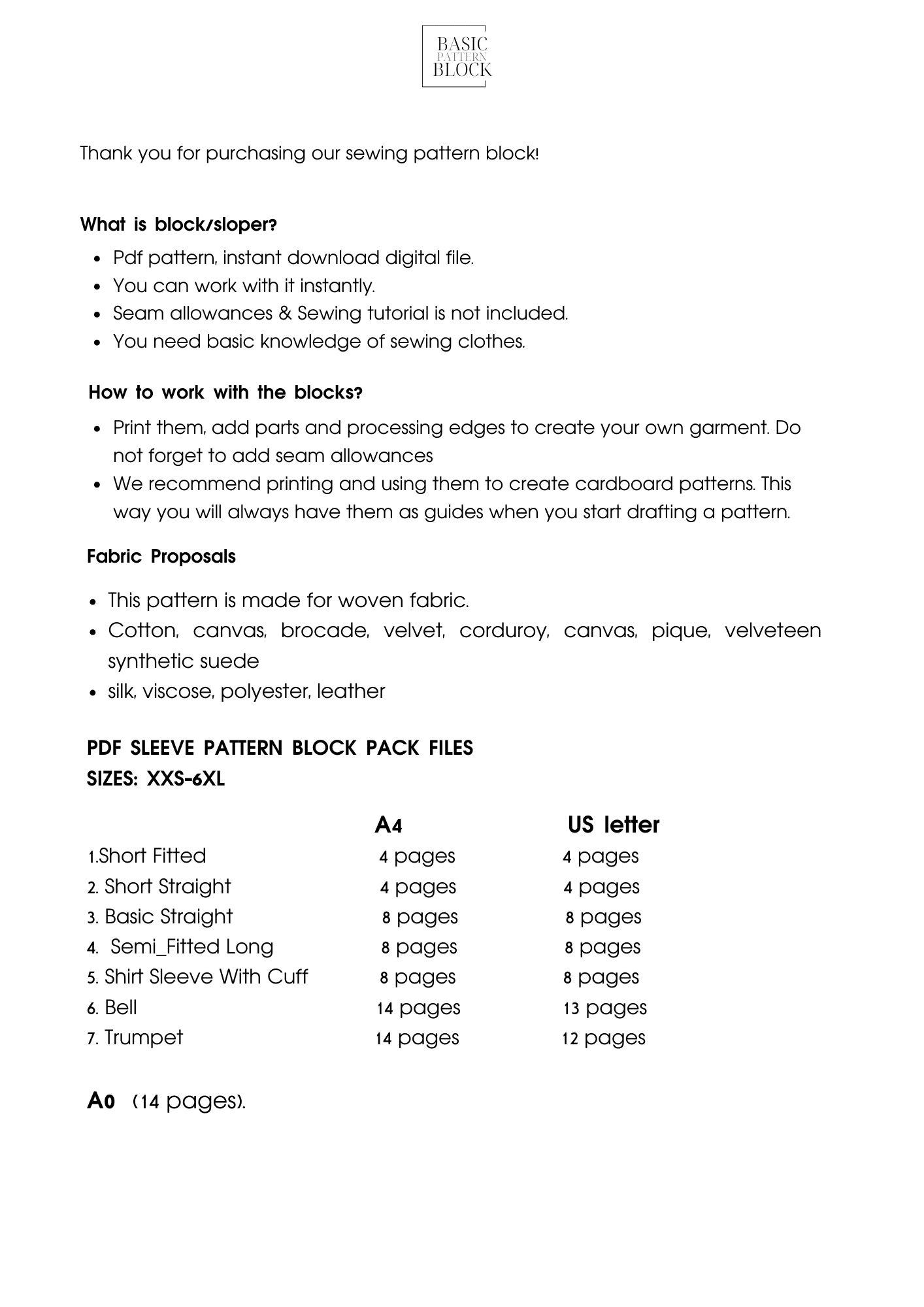 Sleeve Sewing Pattern Block | Pack Vol 1 | XXS-6XL - Basic Pattern Block