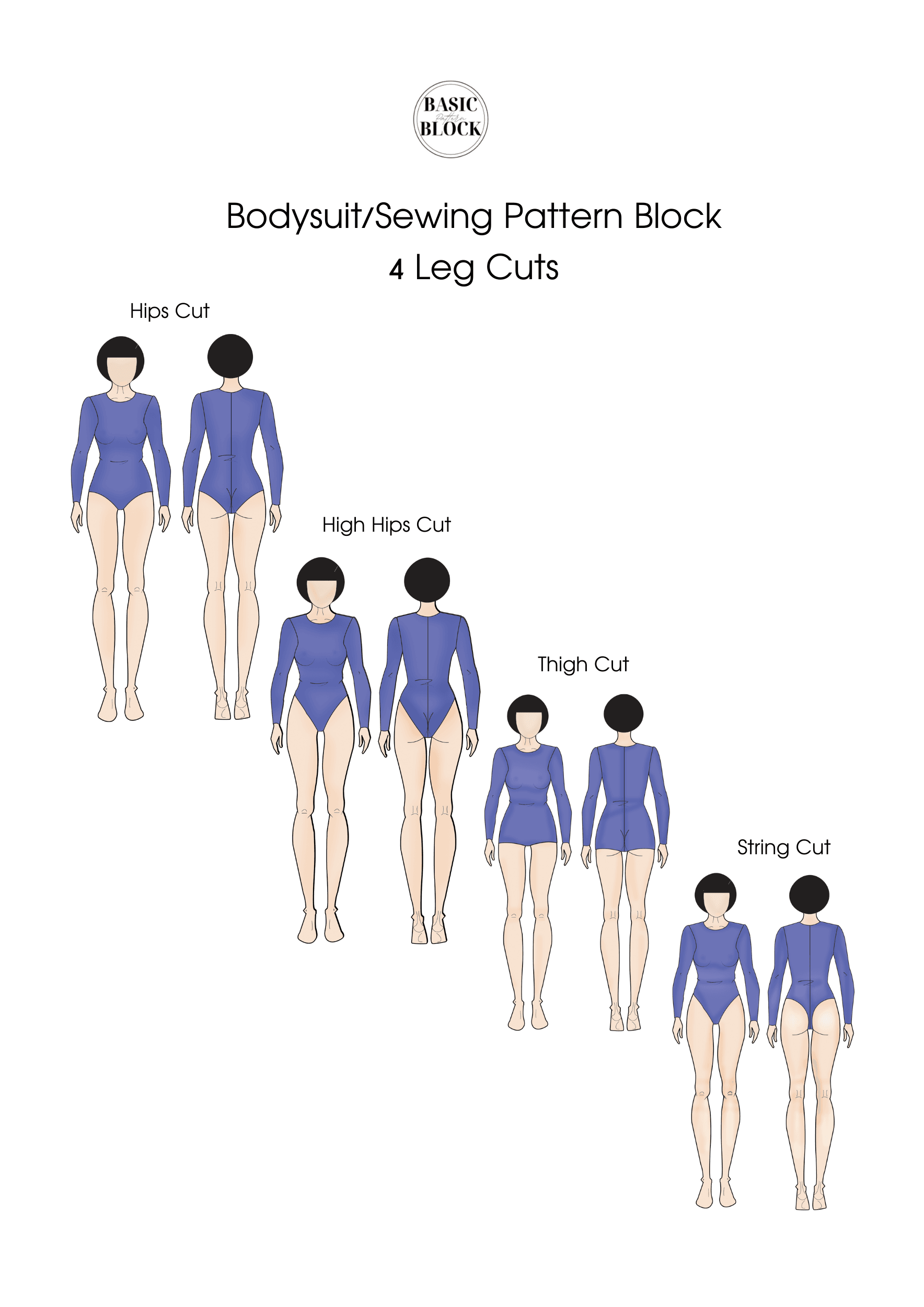 4 Leotard Hips Cut Variation | Sewing Pattern Block | Knitted | XXS-6XL - Basic Pattern Block