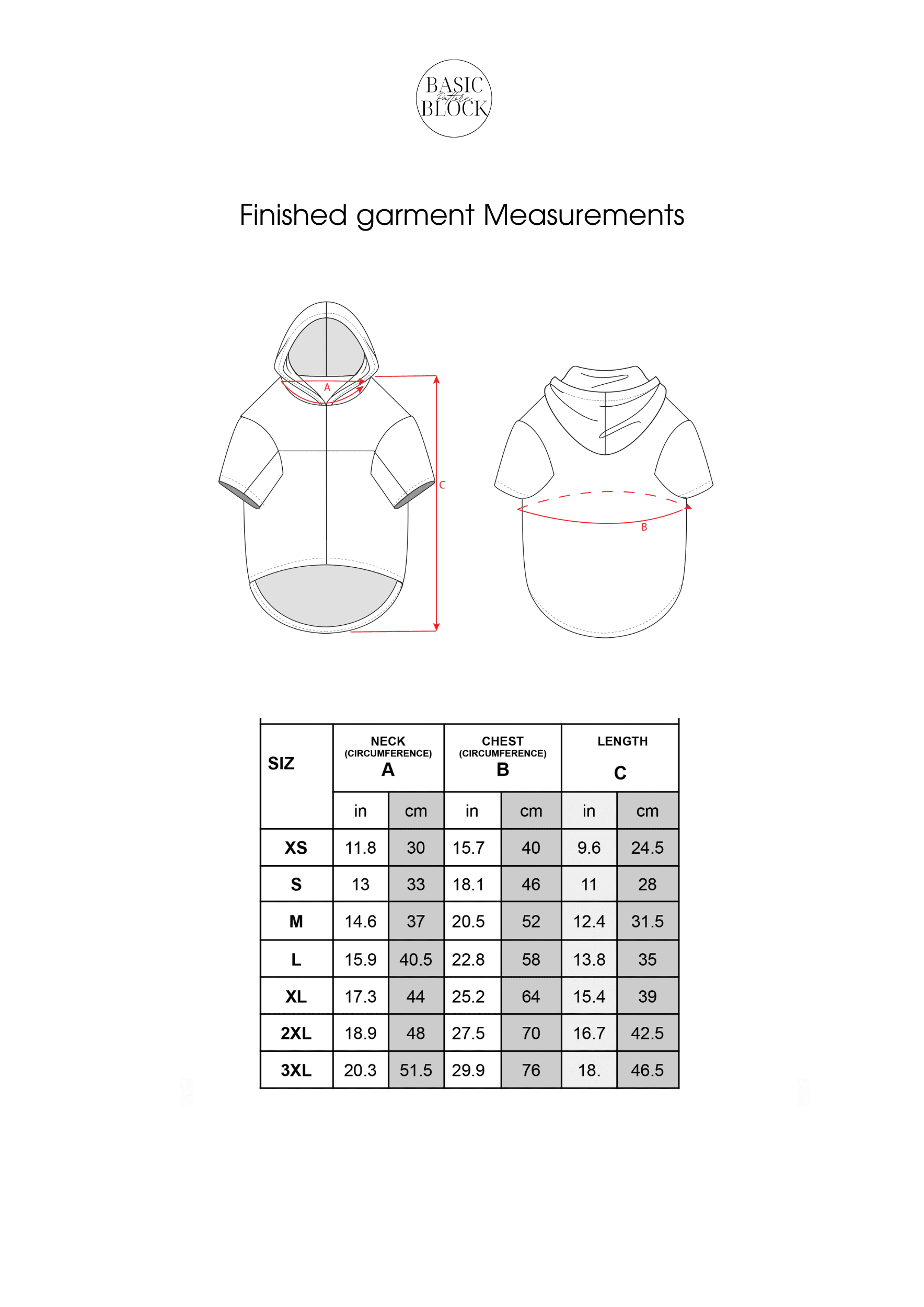 Dog Hoodie | Sewing Pattern | XS-3XL | Knitted - Basic Pattern Block