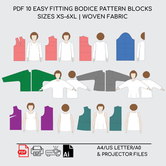 10 Easy Fit Bodice Variations | Sewing Pattern Block BUNDLE | Woven | XS - 6XL