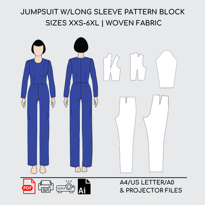 Jumpsuit Long Sleeve | Sewing Pattern Block | Woven | XXS-6XL