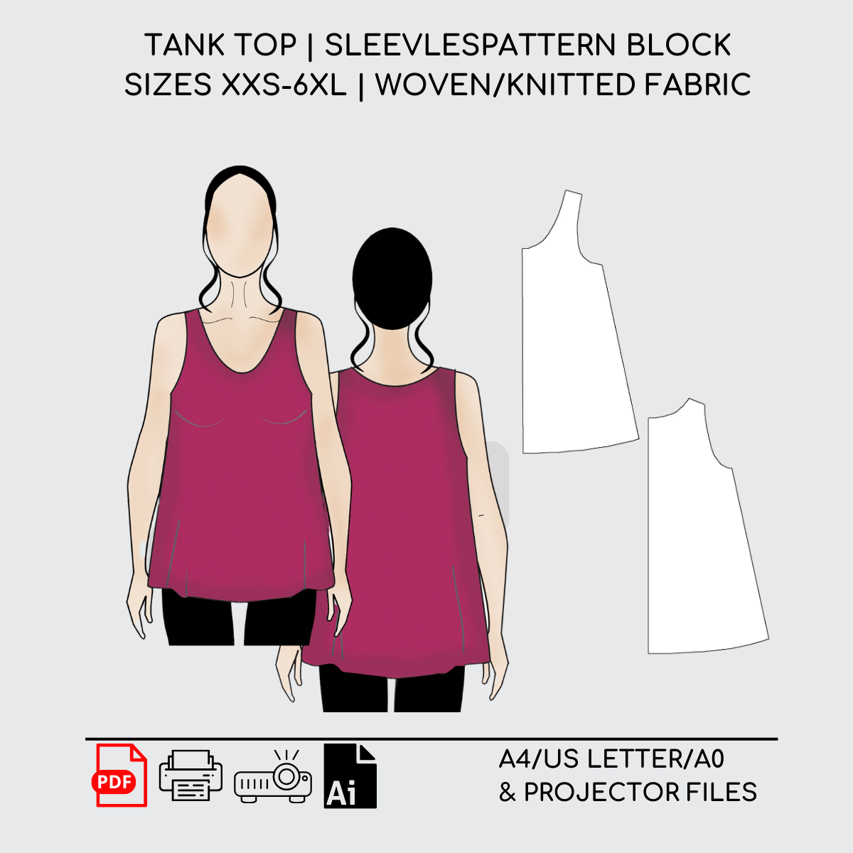 Tank Top Sleeveless | Sewing Pattern Block | Woven | XXS-6XL