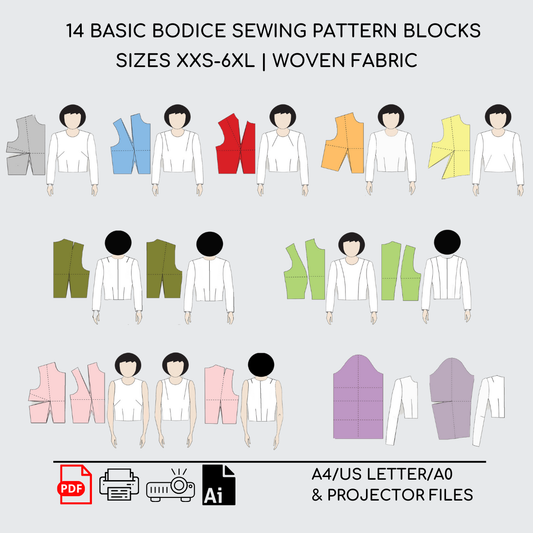 14 Basic Bodice Torso Block | Sewing Pattern Block BUNDLE | XS - 6XL