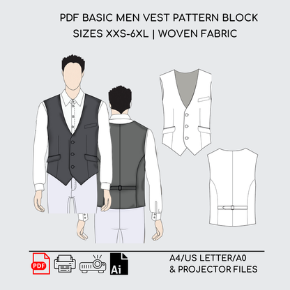 Men's Waistcoat Sewing Pattern Block | XXS-6XL | Front Button Closure