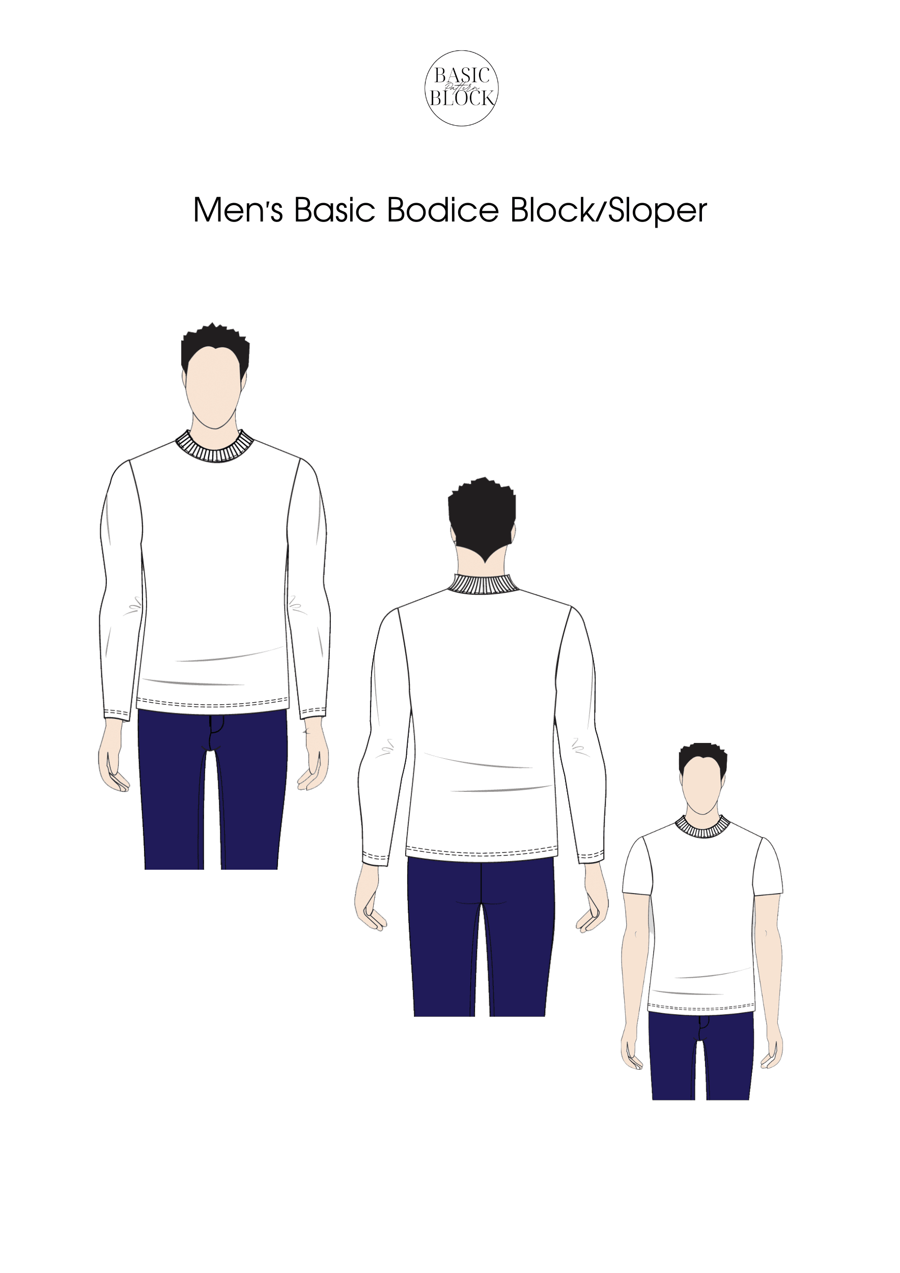 Men Bodice | Long Sleeve & Short Sleeve | Sewing Pattern Block | Knitted | XS-6XL - Basic Pattern Block