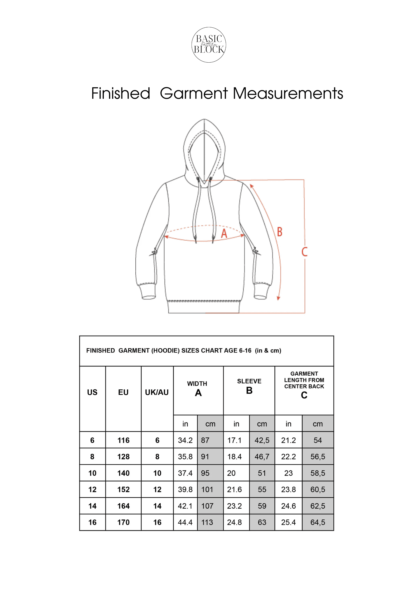 Kid's Hoodie | Sewing Pattern Block | Knitted | 6-16 - Basic Pattern Block