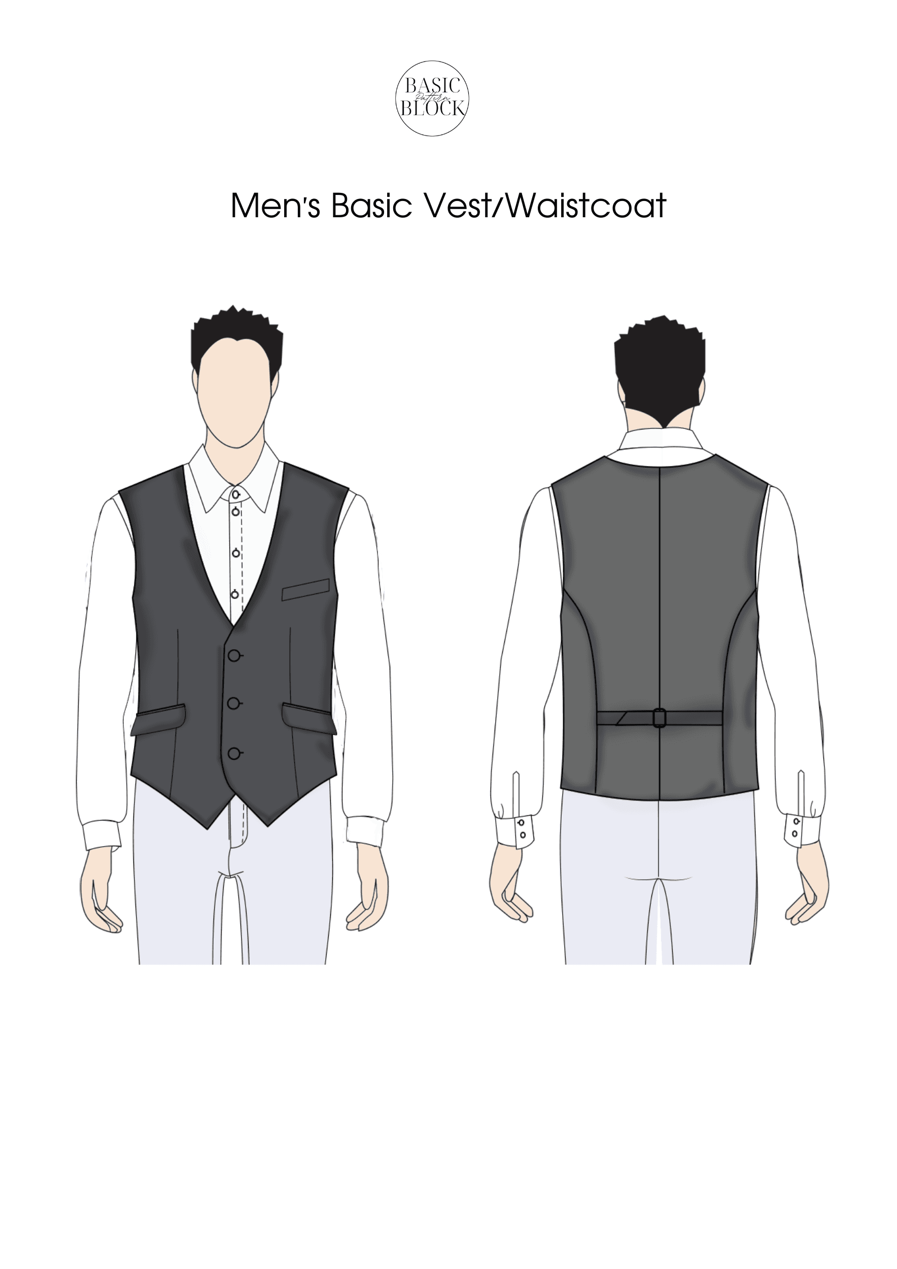 Men Waistcoat | Front button closure | Sewing Pattern Block | Woven | XXS- 6XL - Basic Pattern Block
