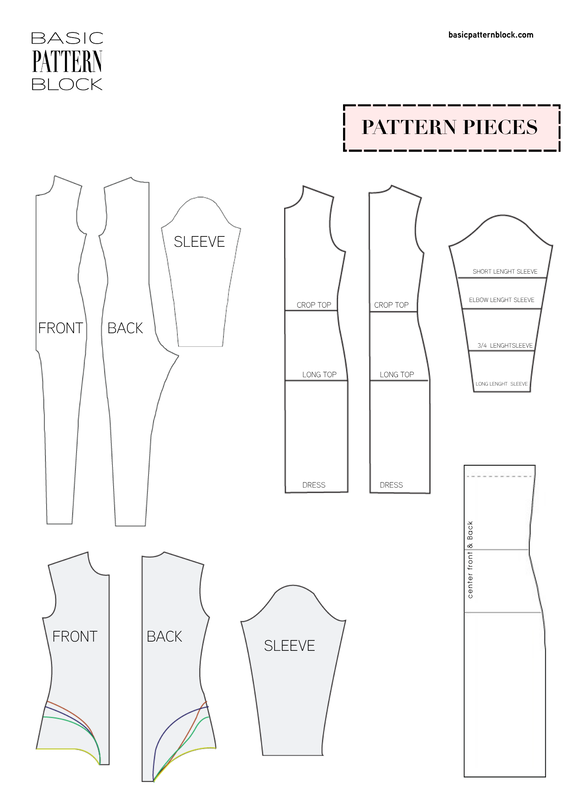 Knit sewing pattern block bundle for dresses, catsuits, leotards, tops, leggings and bikini bottoms, sizes XXS–6XL.