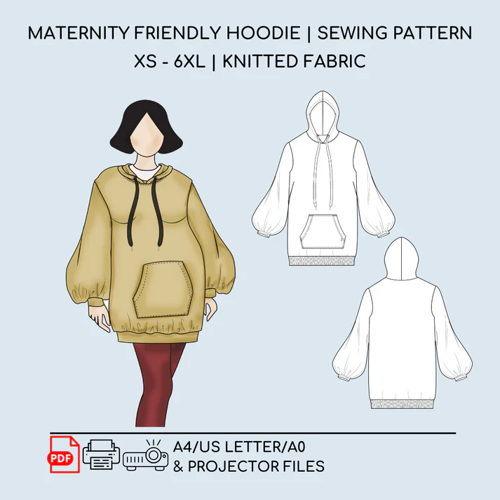 Maternity friendly hoodie | Sewing Pattern | Knitted | XS - 6XL