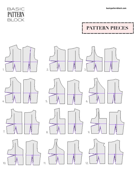 Women’s pattern block bundle with 12 neckline styles for woven fabrics, sizes XXS–6XL.