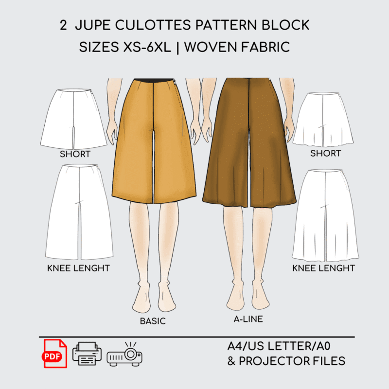 2 Jupe Culottes | Sewing Pattern Block | XS - 6XL