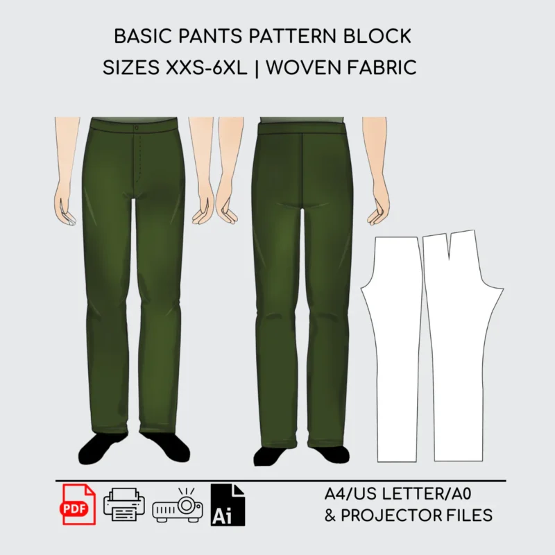 Men’s Straight Pants Sewing Pattern Block | Woven | XXS-6XL Sizes