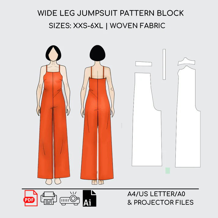 Wide Leg Jumpsuit Sewing Pattern Block for Woven Fabric