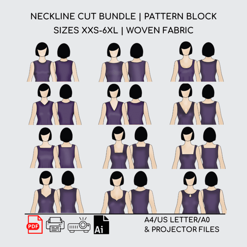 12 Neckline Cut Bundle Sewing Pattern Block | Woven | XXS-6XL