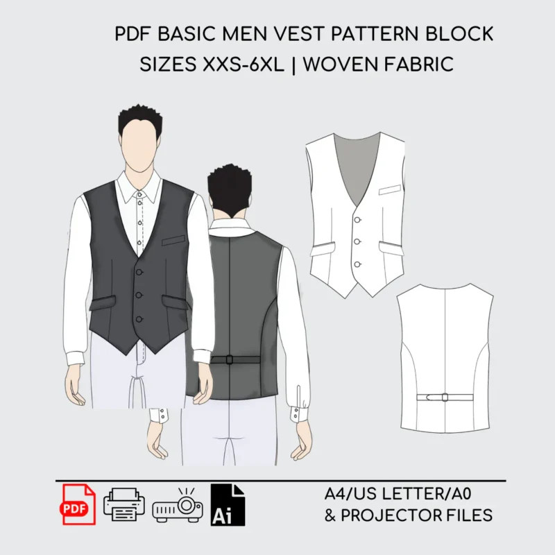 Men's Waistcoat Sewing Pattern Block | XXS-6XL | Front Button Closure