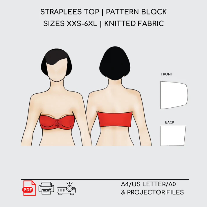 Strapless Top Sewing Pattern Block for Knits | Sizes XXS-6XL