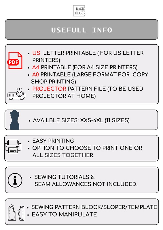 Printable bodice block formats: A4, US Letter, A0 and projector files, with seam allowances and sewing instructions excluded.