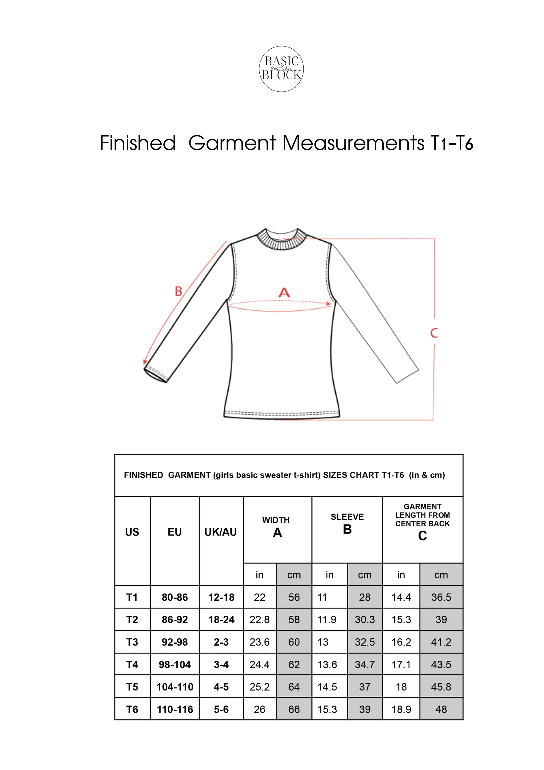 Girl's Top Longsleeve | Sewing Pattern Block | Knitted | 1-6 - Basic Pattern Block