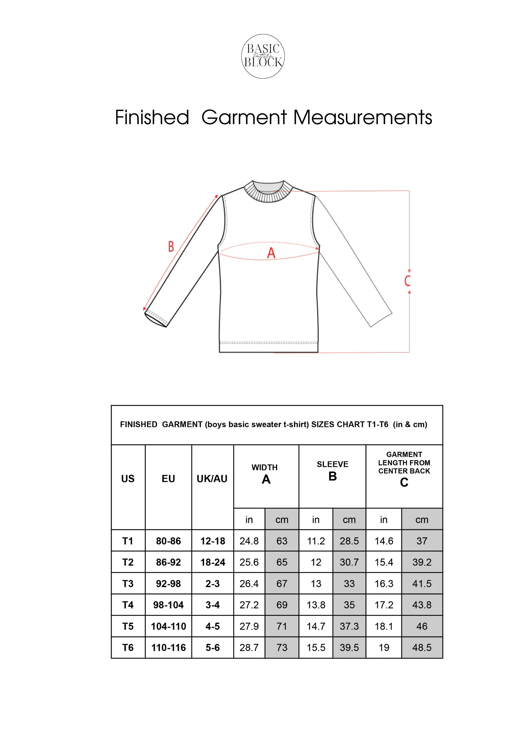PDF Kid's Sweater Sewing Pattern Block | Easy Kid's Sewing Pattern | Children Pdf T-shirt Pattern | Boys Sewing Pattern | Sizes 6-16 - Basic Pattern Block