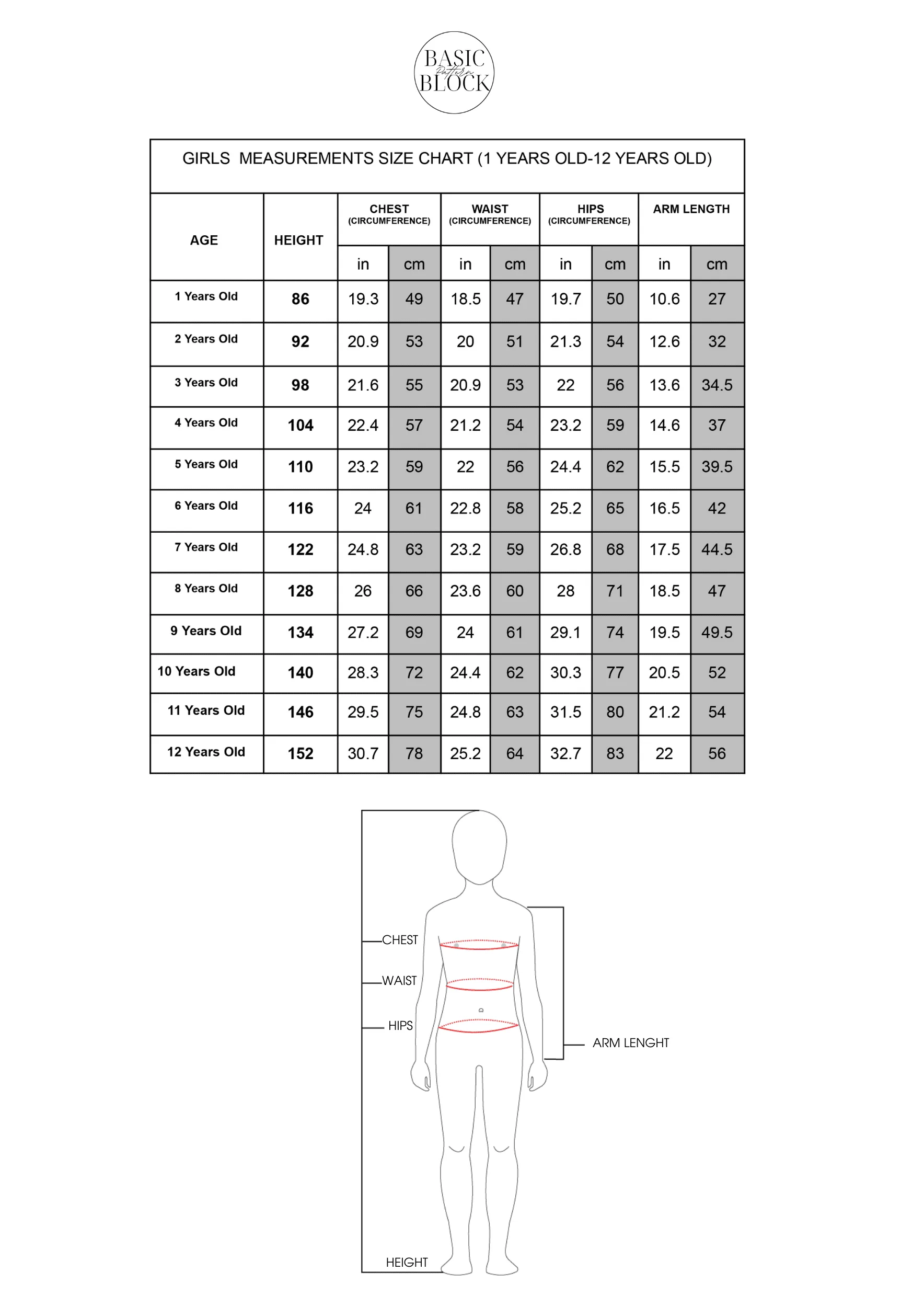 Girls Bodice with sleeve | Sewing Pattern Block | Woven | 1-12 - Basic Pattern Block