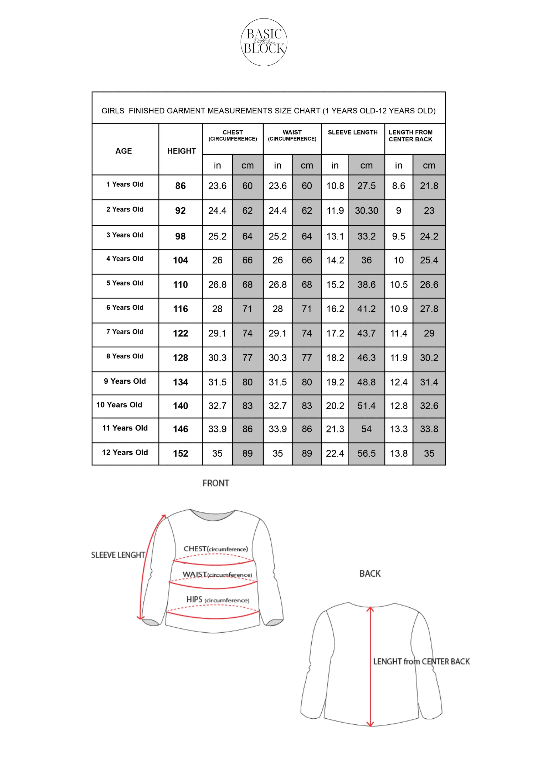 Girls Bodice with sleeve | Sewing Pattern Block | Woven | 1-12 - Basic Pattern Block