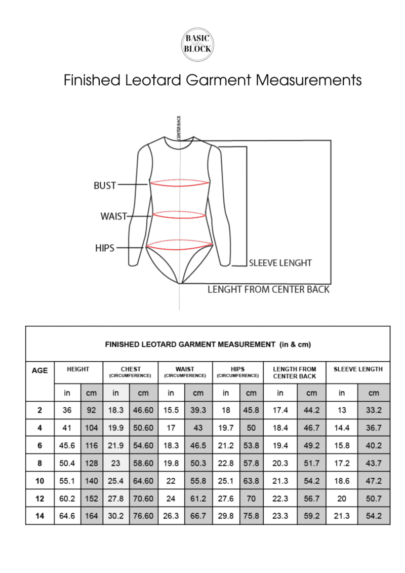 Children Bodysuit & Leotard | Long Sleeve & Short Sleeve | Sewing Pattern Blocks | Knitted |2-14 - Basic Pattern Block