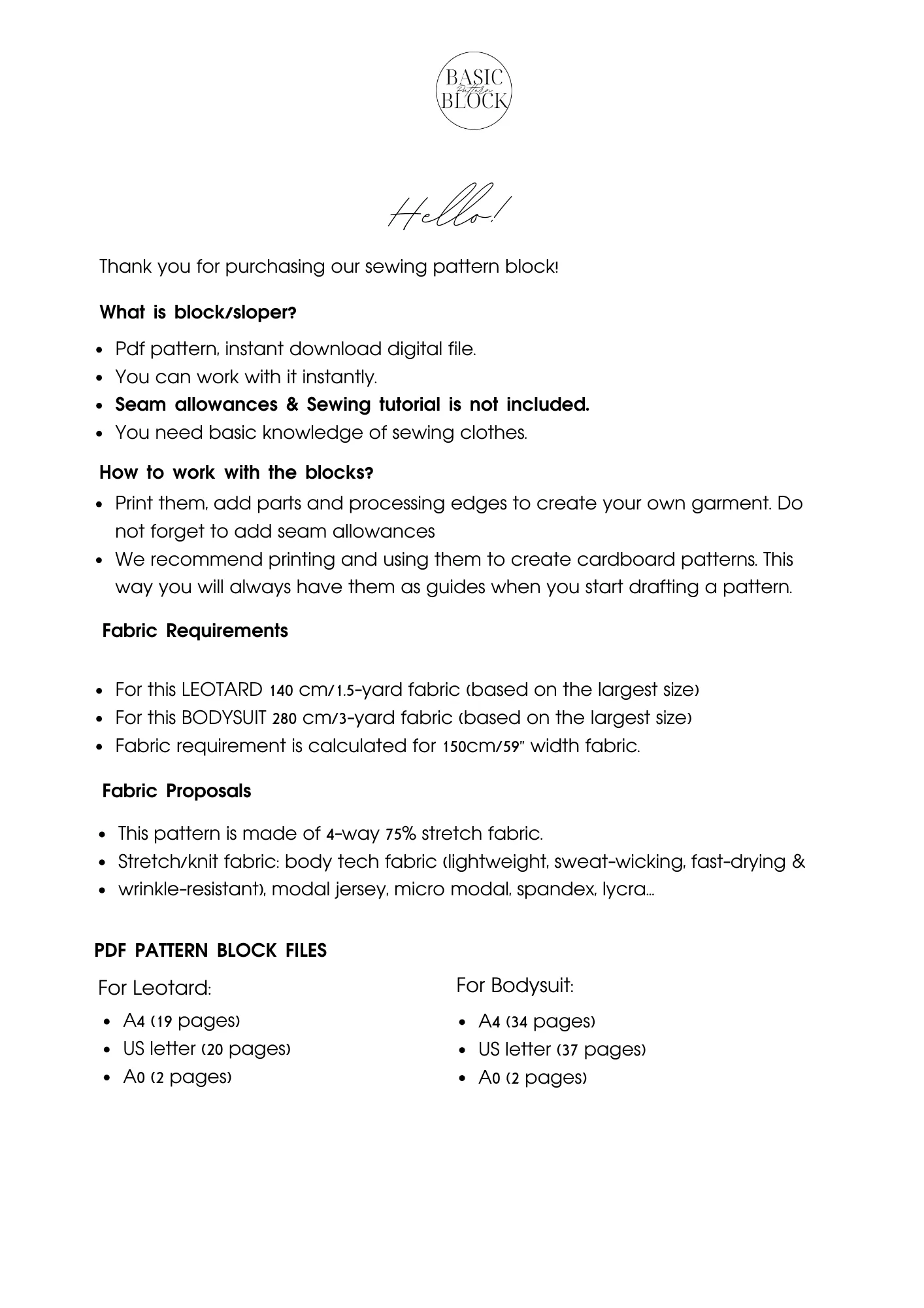 Bodysuit & Leotard Women | with sleeve | Sewing Pattern Block | Knitted | XXS-6XL - Basic Pattern Block