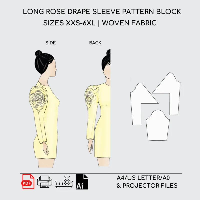 Long Rose Drape Sleeve | Sewing Pattern Block | XXS-6XL