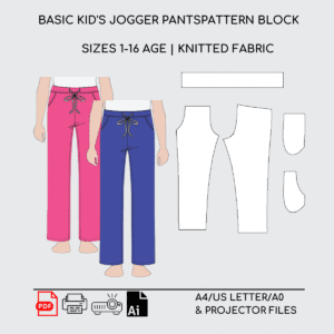 Children Jogger Pants Sewing Pattern Block | Knitted | Age 6-16