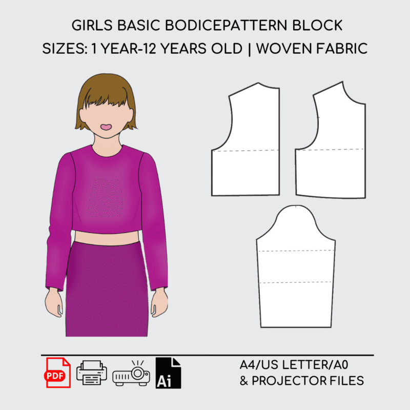 Girls Bodice with sleeve | Sewing Pattern Block | Woven | 1-12
