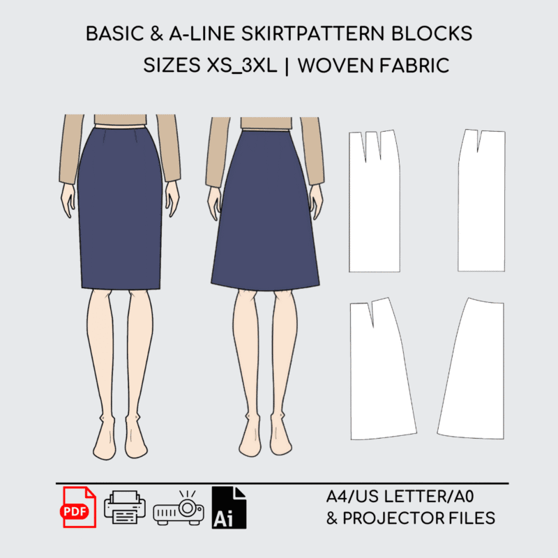 High Waist Skirt Sewing Pattern Block | A-line & Straight Styles | XS-3XL