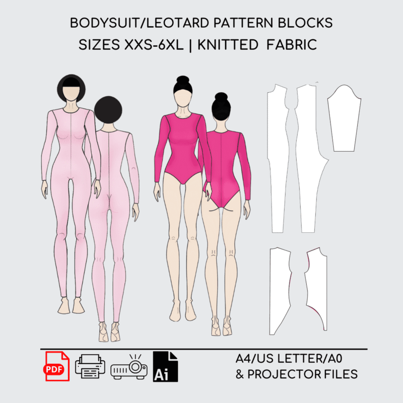 Bodysuit & Leotard Women | with sleeve | Sewing Pattern Block | Knitted | XXS-6XL