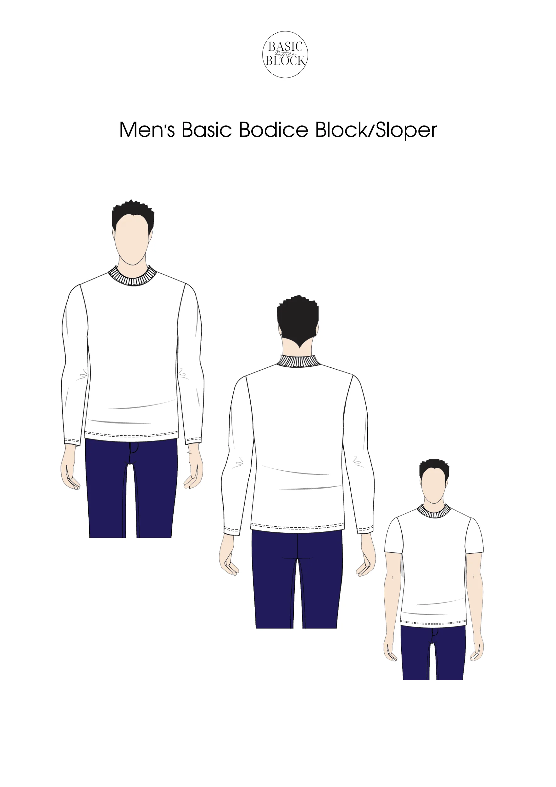 Men Bodice | Long Sleeve & Short Sleeve | Sewing Pattern Block | Knitted | XS-6XL - Basic Pattern Block
