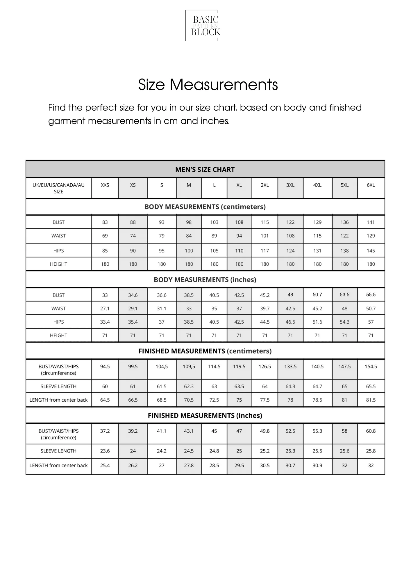 Men Basic Bodice | Sewing Pattern Block | Woven | XXS-6XL - Basic Pattern Block