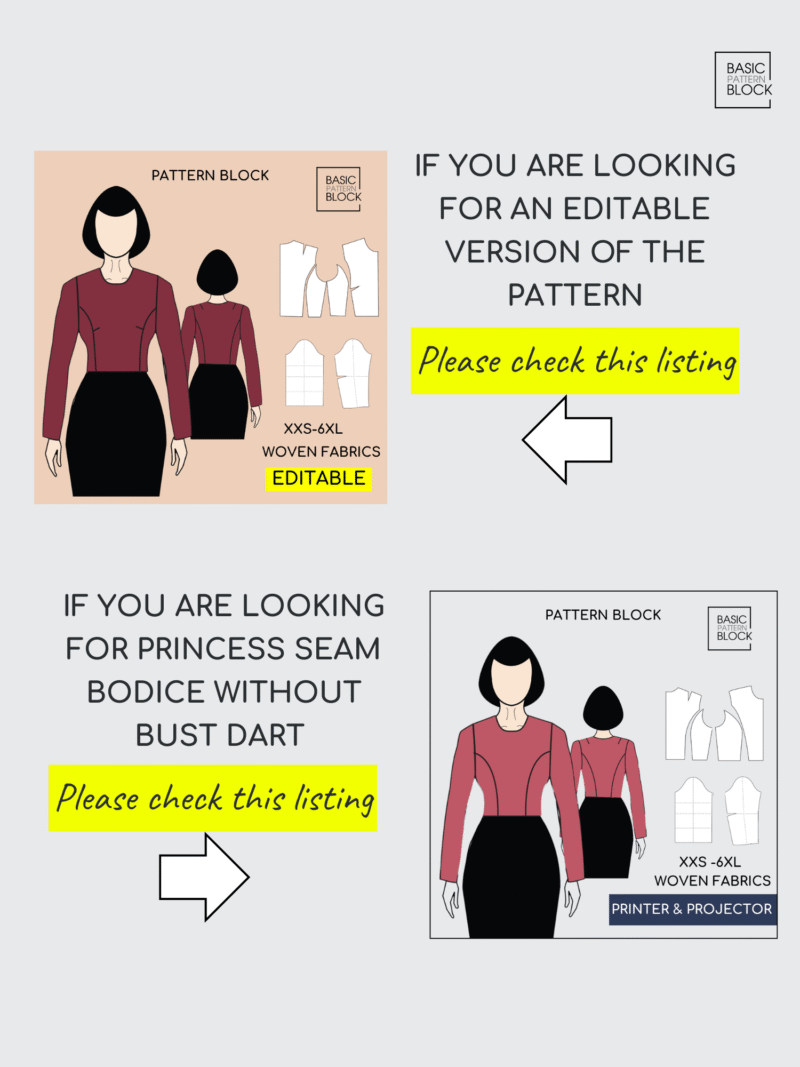 Princess Seam Bodice with dart | Sewing Pattern Block | XXS-6XL - Image 10