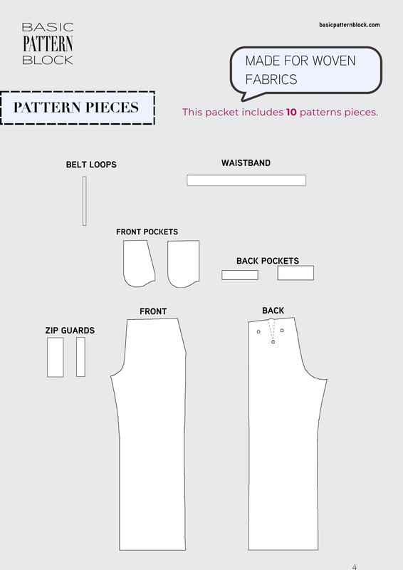 Relaxed tailored pants sewing pattern block PDF with front pleats, side pockets and fly-front zipper in sizes XXS to 6XL