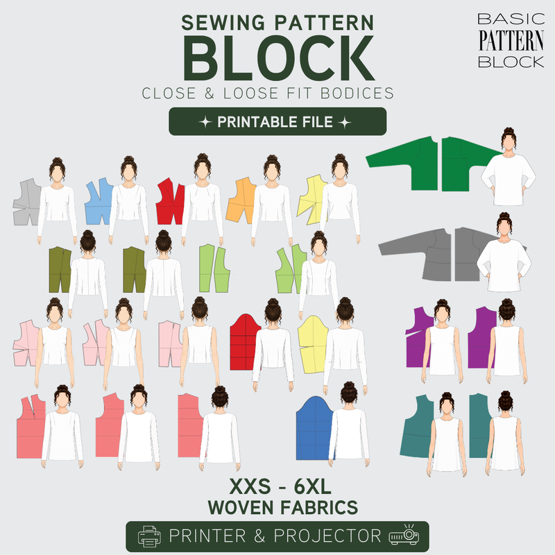 24 women’s bodice block PDF bundle with dart, princess, kimono and batwing blocks