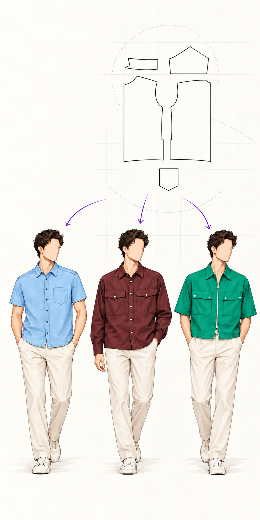 Men pattern block and three garment designs