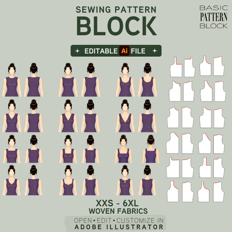 Women’s editable pattern block bundle with 12 neckline styles for woven fabrics, sizes XXS–6XL.