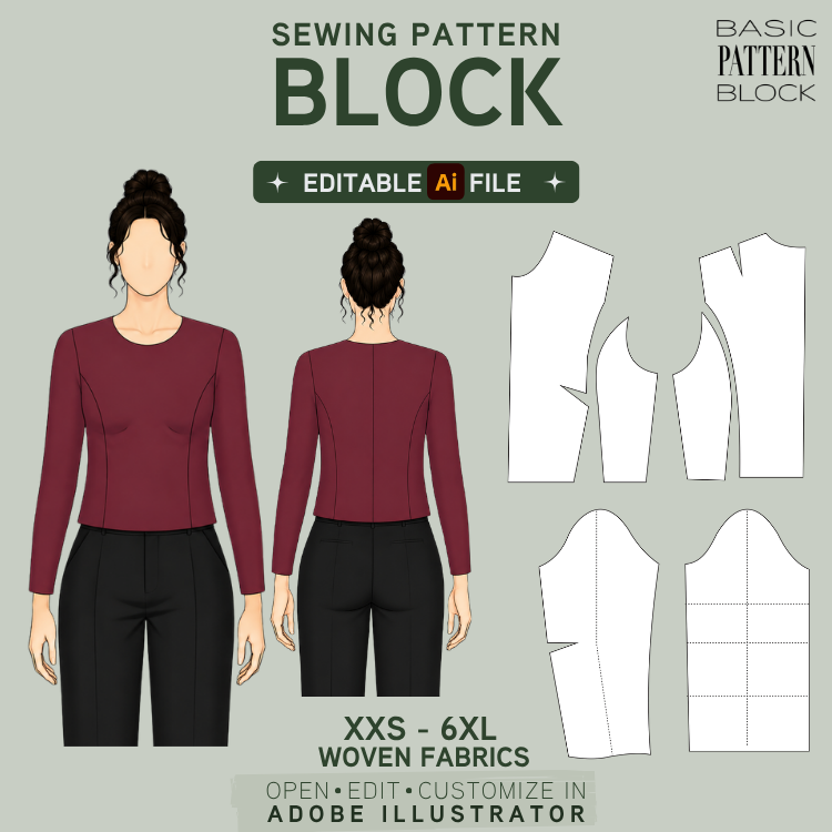 Women’s editable armhole princess seam bodice pattern block with dart and two sleeve options for woven fabrics.