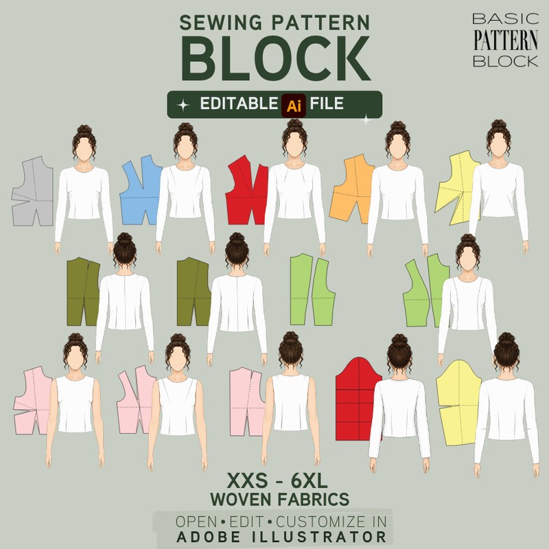 Editable 14 bodice and sleeve pattern block bundle for woven fabrics, XXS–6XL, Adobe Illustrator