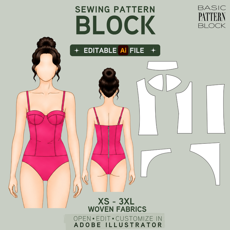 Editable cupped bustier and leotard pattern block, pink front and back views with pattern pieces, sizes XS–3XL